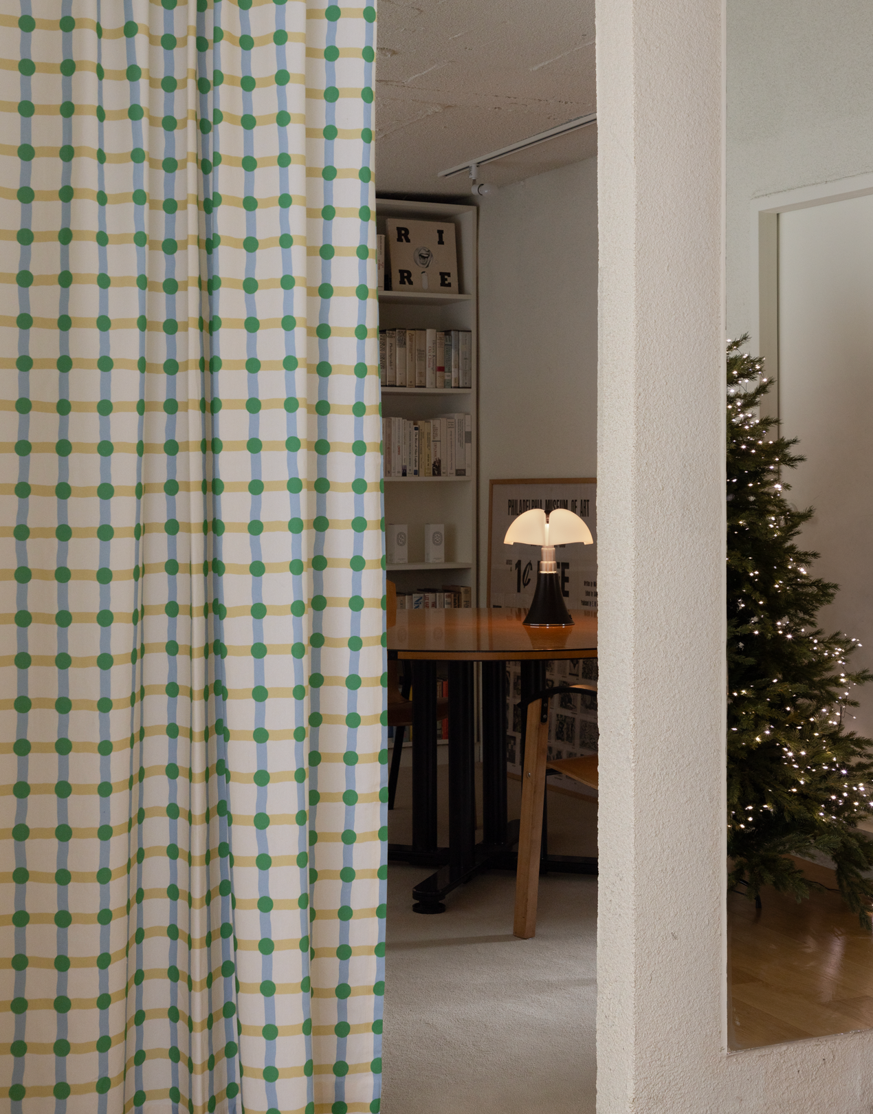 DOT CHECK CURTAIN - GREEN ON BEIGE