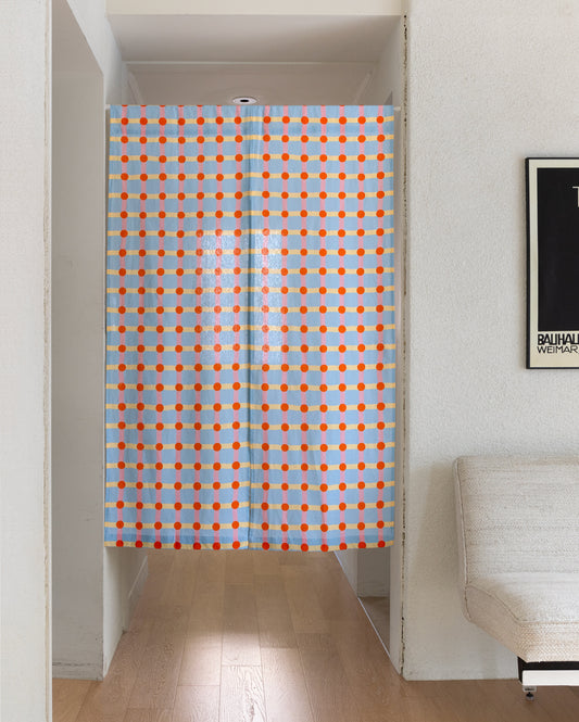 DOT CHECK HELLO CURTAIN - STRAWBERRY ON LIGHT BLUE