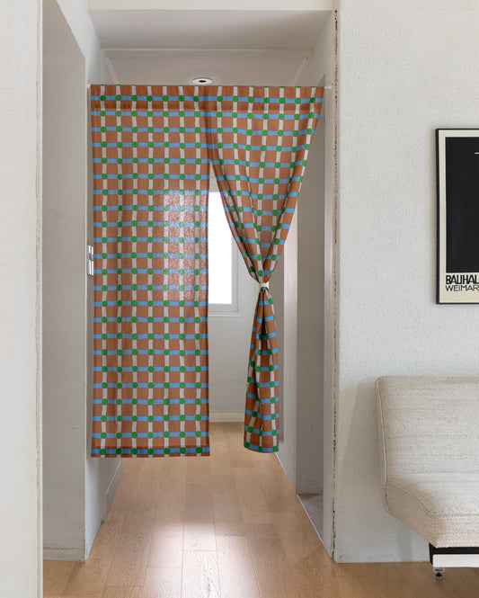 DOT CHECK HELLO CURTAIN - GREEN ON BRICK