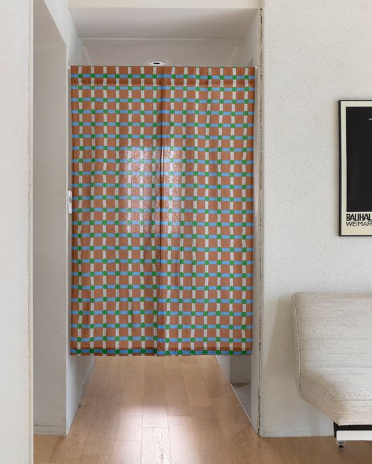 DOT CHECK HELLO CURTAIN - GREEN ON BRICK