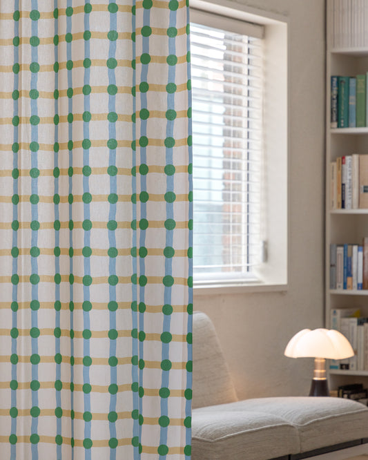 DOT CHECK CURTAIN - GREEN ON BEIGE