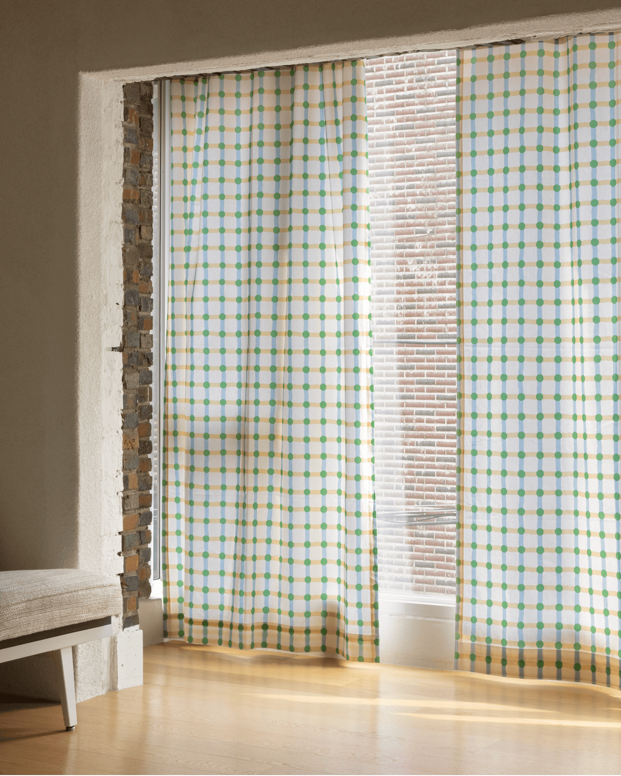 DOT CHECK CURTAIN - GREEN ON BEIGE