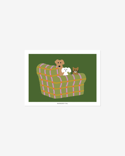 ARMCHAIR DOGS & CAT - GREEN POSTCARD
