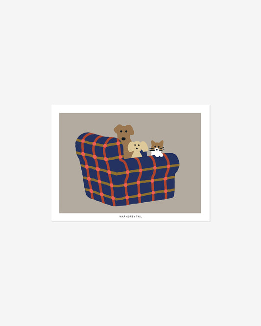ARMCHAIR DOGS & CAT - NAVY POSTCARD