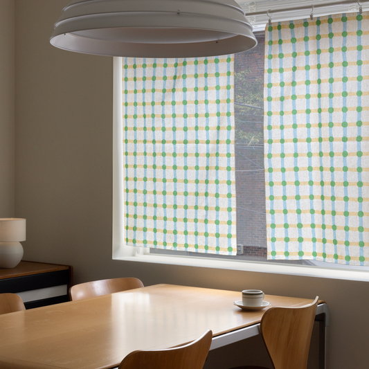 DOT CHECK WINDOW CURTAIN - GREEN ON BEIGE