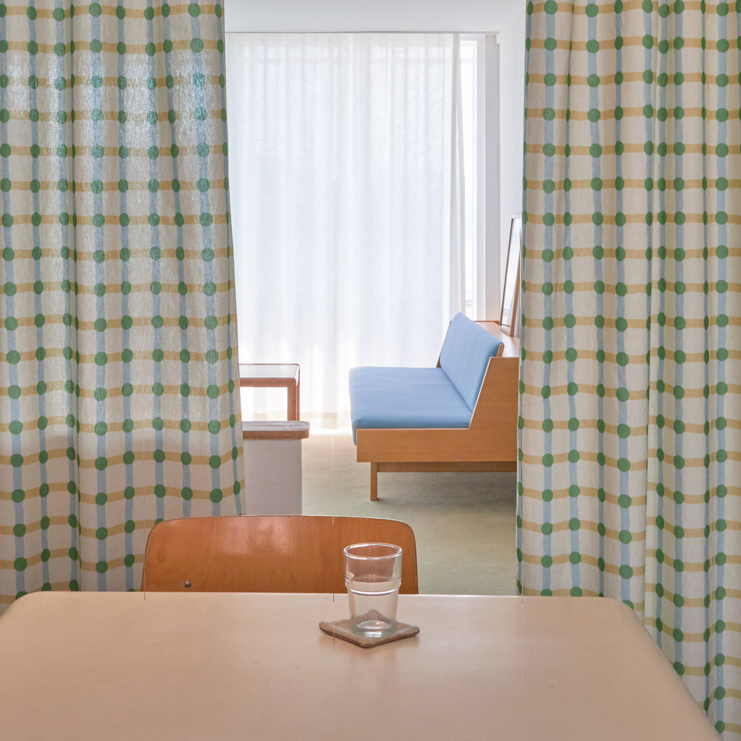 DOT CHECK DOOR CURTAIN - GREEN ON BEIGE