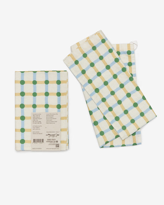 DOT CHECK KITCHEN CLOTH - GREEN ON BEIGE
