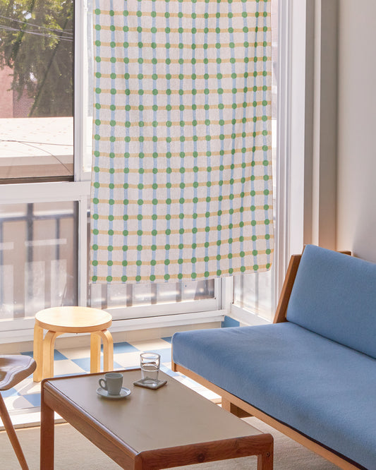 DOT CHECK DOOR CURTAIN - GREEN ON BEIGE