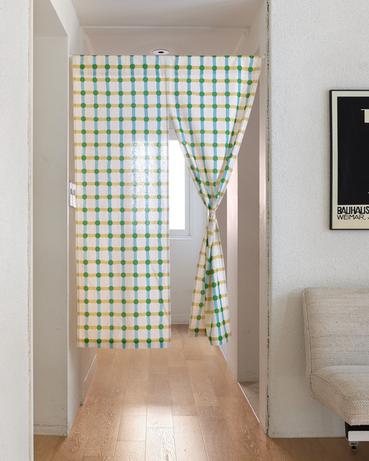 DOT CHECK HELLO CURTAIN - GREEN ON BEIGE