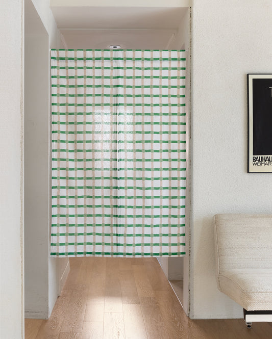 DOT CHECK HELLO CURTAIN - PALE GREEN ON WHITE