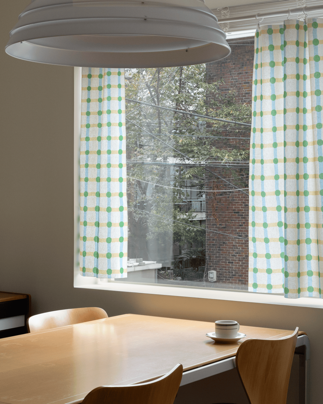 DOT CHECK WINDOW CURTAIN - GREEN ON BEIGE – warmgreytail