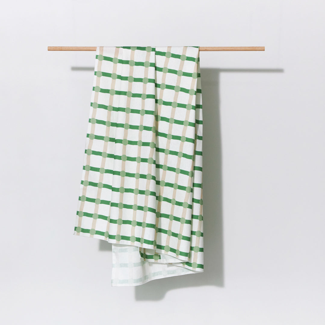 DOT CHECK FABRIC - PALE GREEN ON WHITE